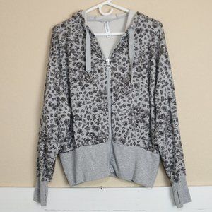 Athleta Floral Printed Gray Sweatshirt Hoodie Hooded Full Zip Womens Size Medium